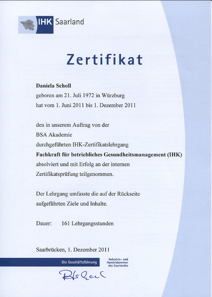 IHK Zertifikat Betriebliches Gesundheitsmanagement